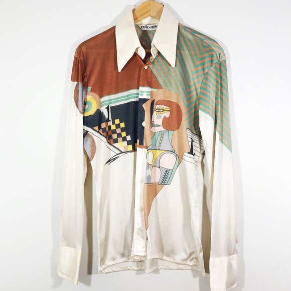 Rare NIK NIK Vintage 1970s Disco Shirt Picasso Printed in Italy 100% Nylon M - Picture 1 of 10